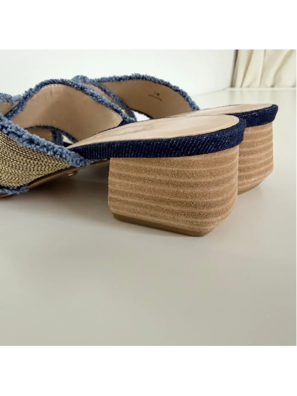 PELLE MODA Tash Chain Slide Blue Denim Block Heel Sandals Women's Size 7.5